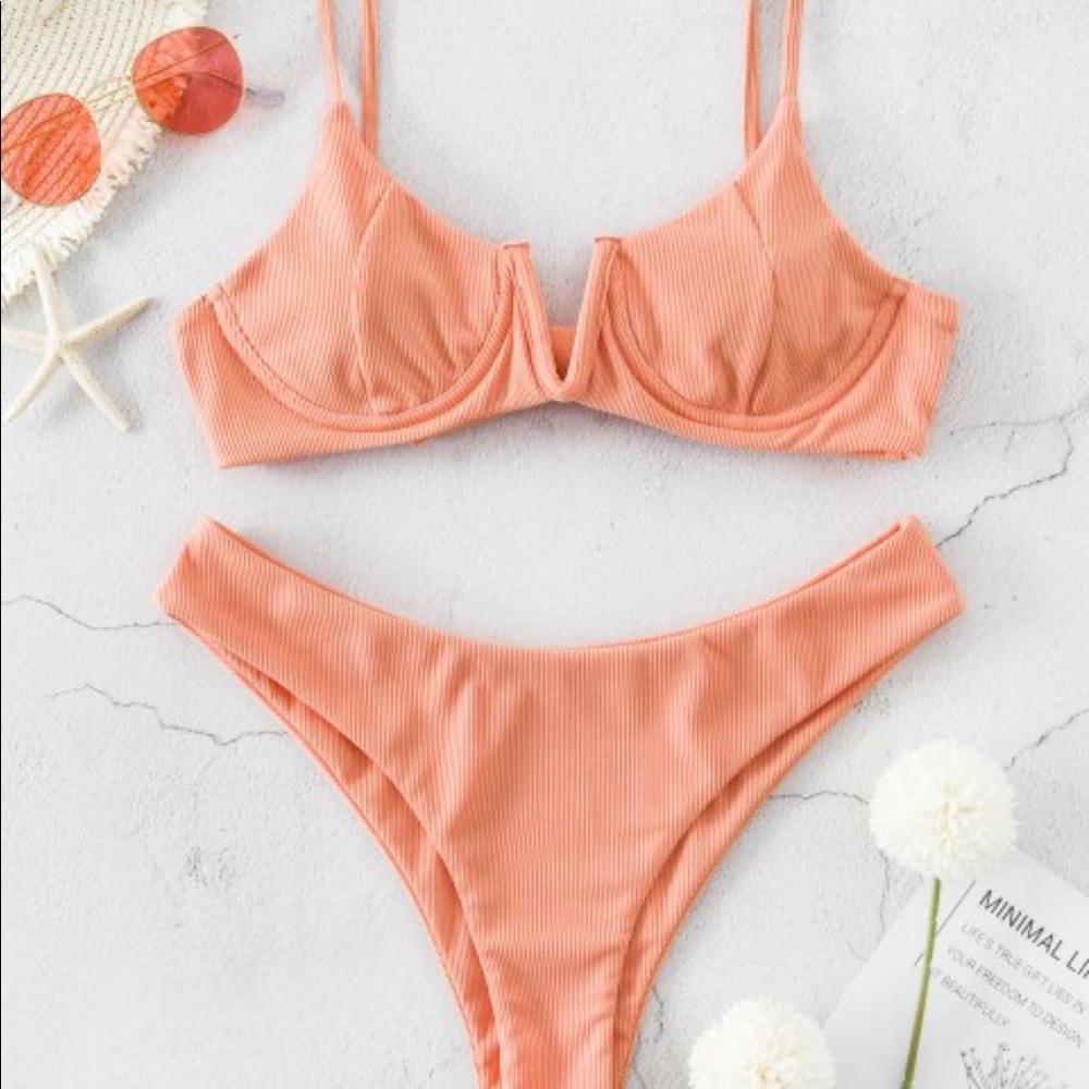 Ribbed Peach High Leg Bikini Swimsuit